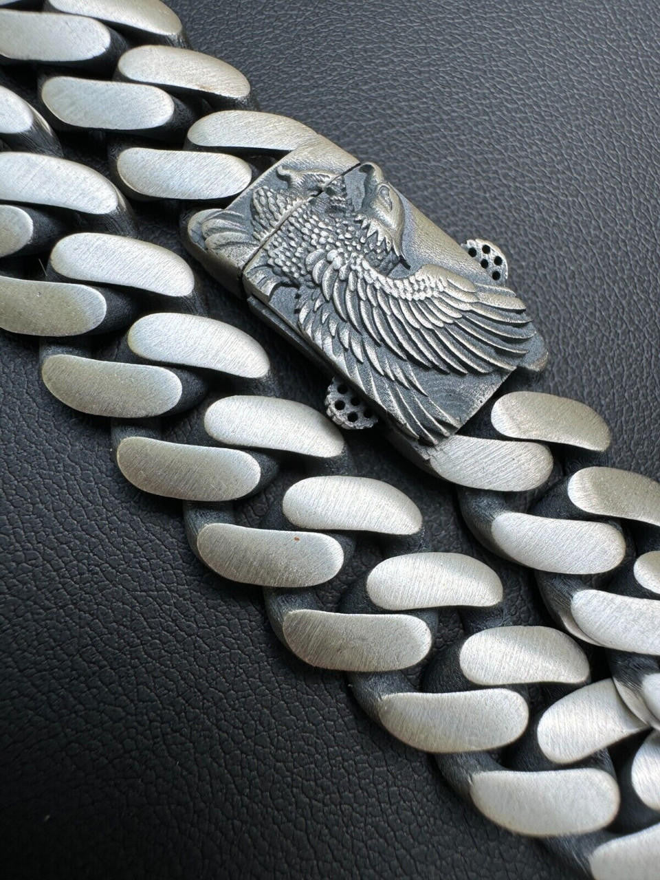 Miami Cuban Bracelet With Custom Eagle Sleek Clasp - 925 Sterling Silver Oxidized Gunmetal - 7"-9" - 12mm