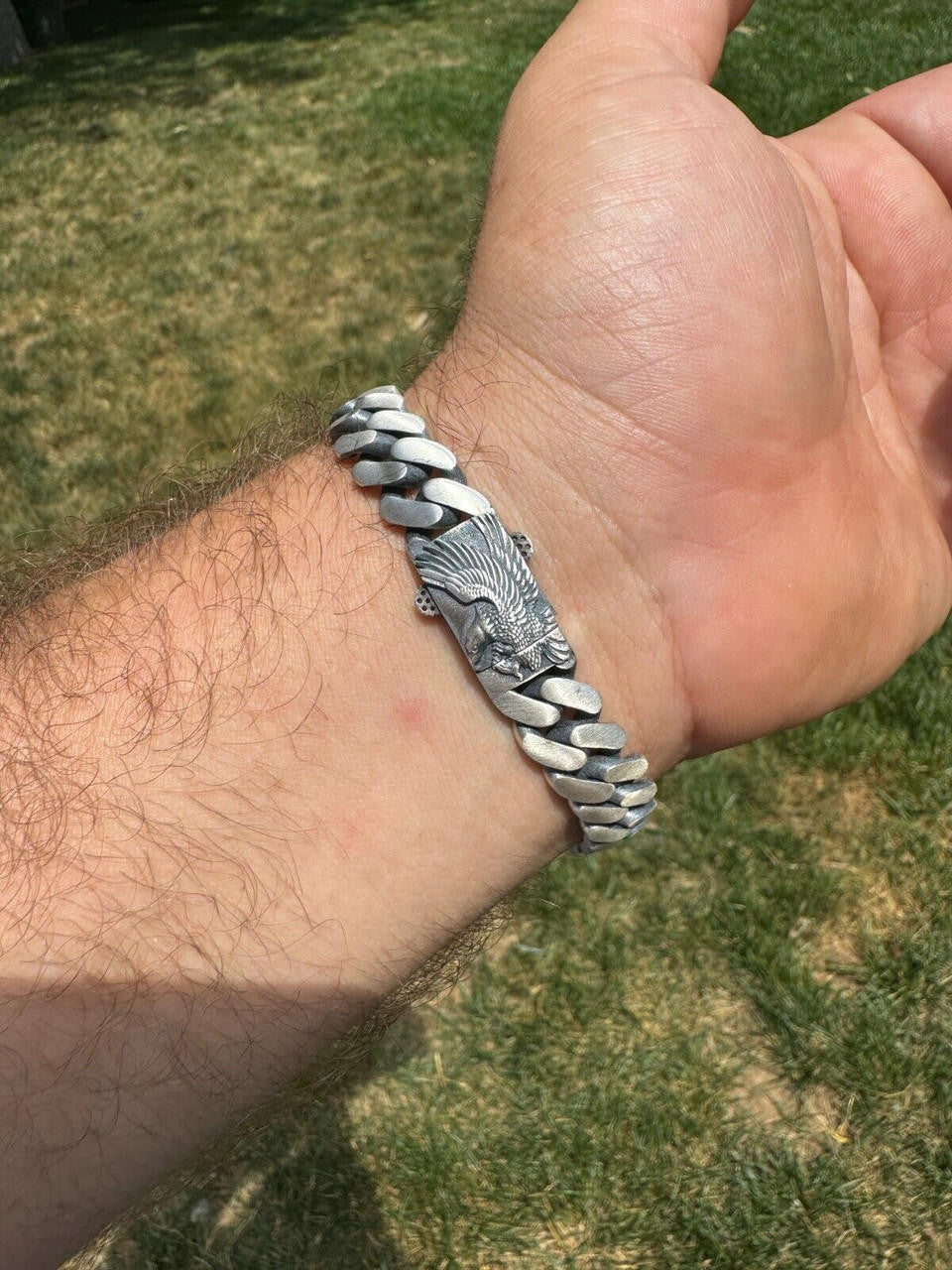 Miami Cuban Bracelet With Custom Eagle Sleek Clasp - 925 Sterling Silver Oxidized Gunmetal - 7"-9" - 12mm