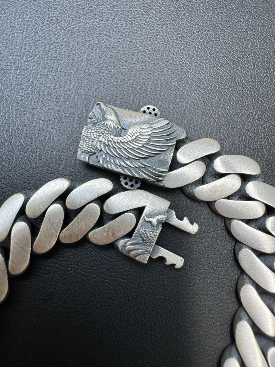 Miami Cuban Bracelet With Custom Eagle Sleek Clasp - 925 Sterling Silver Oxidized Gunmetal - 7"-9" - 12mm