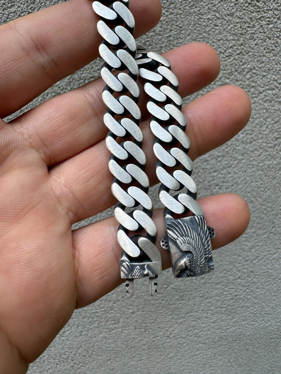 Miami Cuban Bracelet With Custom Eagle Sleek Clasp - 925 Sterling Silver Oxidized Gunmetal - 7"-9" - 12mm