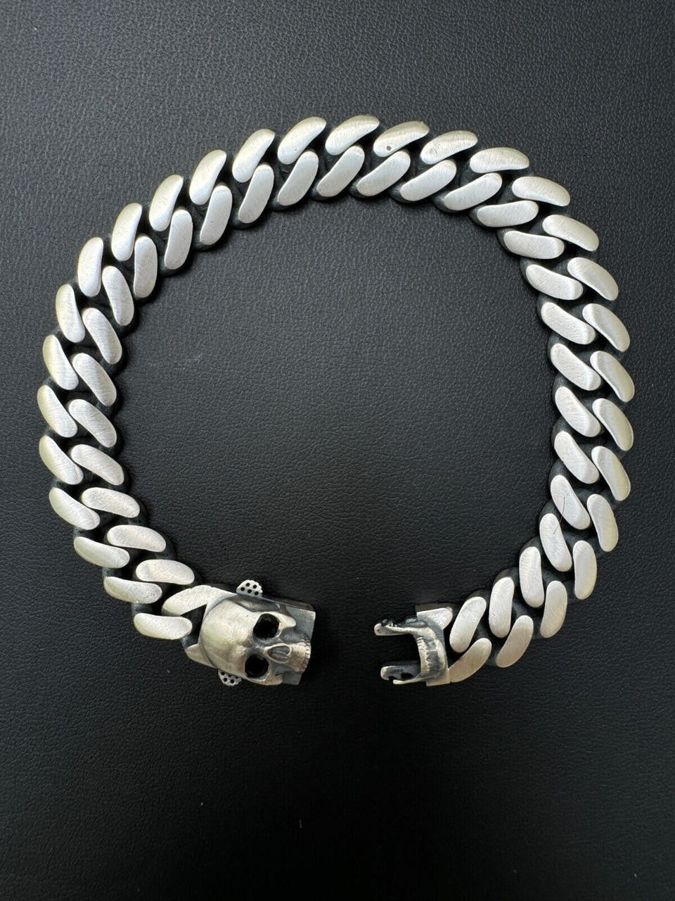 Miami Cuban Bracelet With Custom Skull Sleek Clasp - 925 Sterling Silver Oxidized Gunmetal - 7"-9" - 12mm