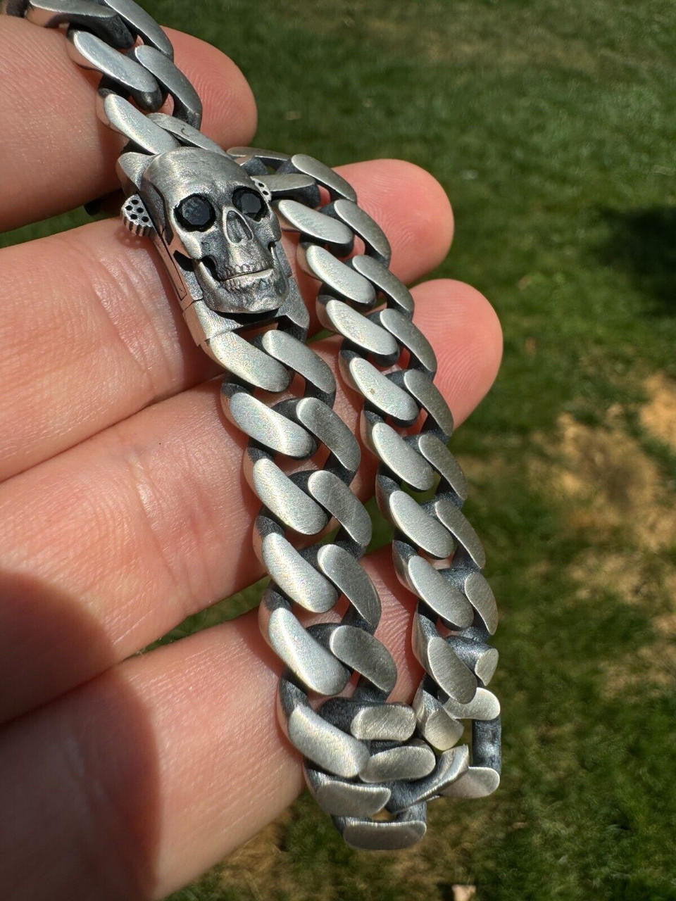 Miami Cuban Bracelet With Custom Skull Sleek Clasp - 925 Sterling Silver Oxidized Gunmetal - 7"-9" - 12mm