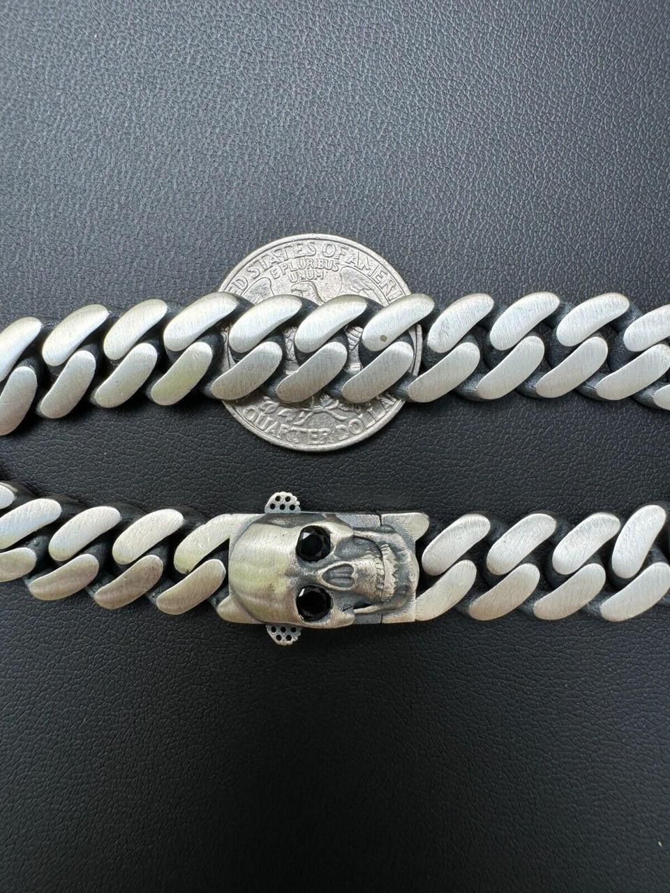 Miami Cuban Bracelet With Custom Skull Sleek Clasp - 925 Sterling Silver Oxidized Gunmetal - 7"-9" - 12mm