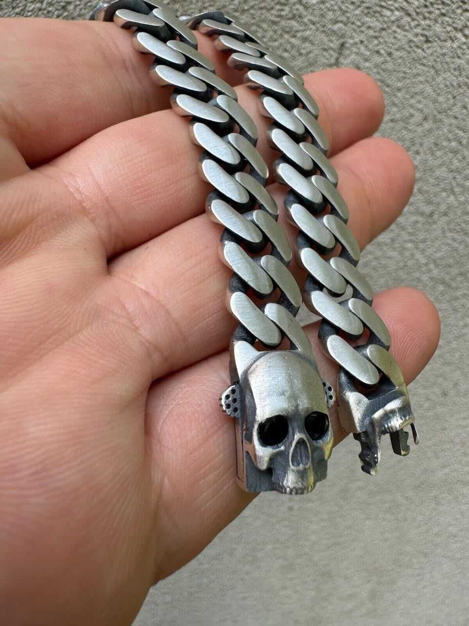 Miami Cuban Bracelet With Custom Skull Sleek Clasp - 925 Sterling Silver Oxidized Gunmetal - 7"-9" - 12mm