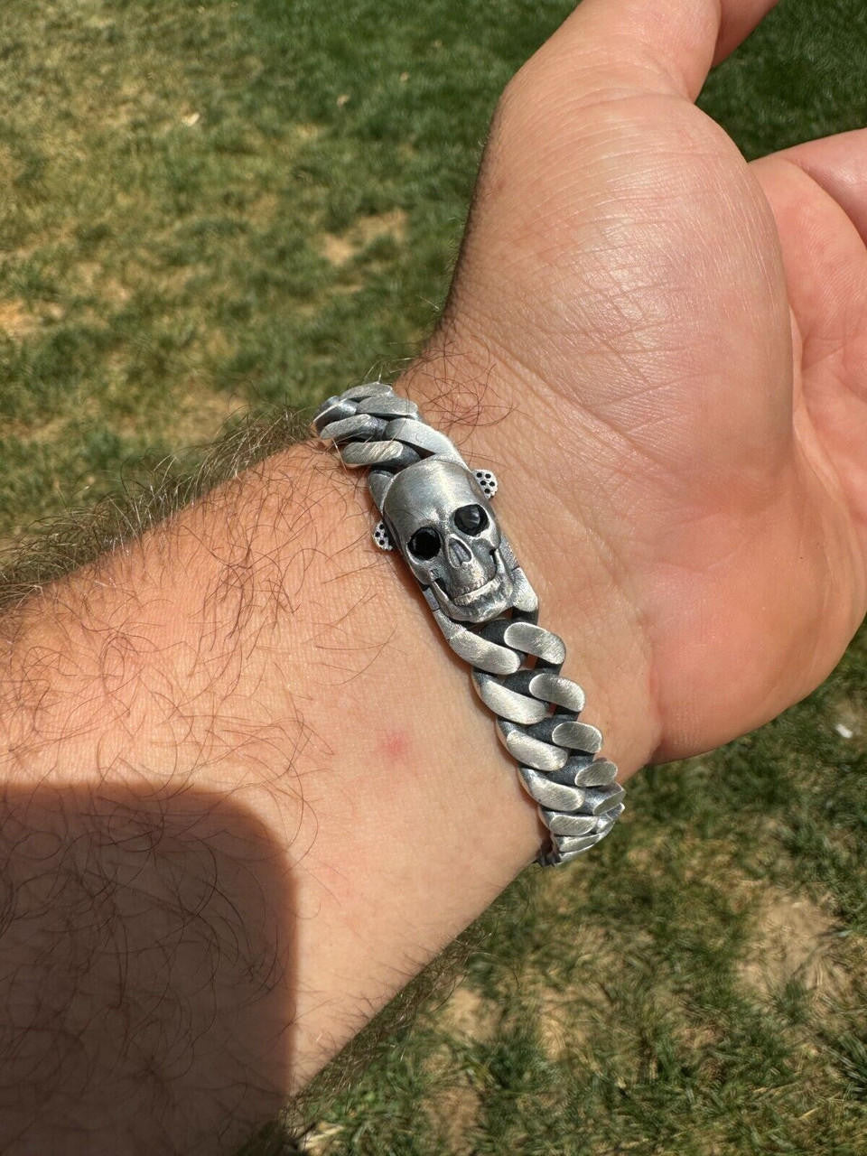 Miami Cuban Bracelet With Custom Skull Sleek Clasp - 925 Sterling Silver Oxidized Gunmetal - 7"-9" - 12mm