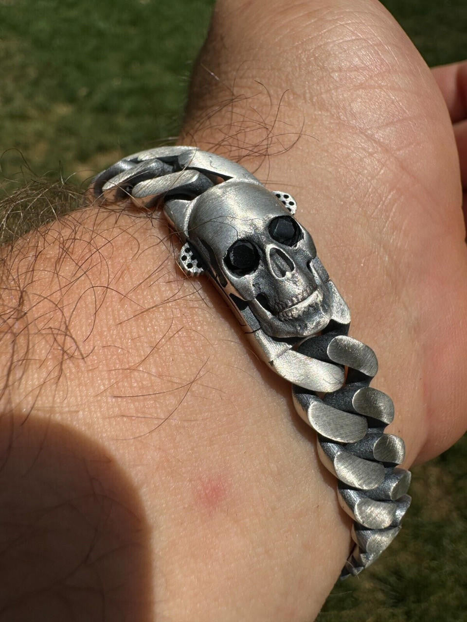 Miami Cuban Bracelet With Custom Skull Sleek Clasp - 925 Sterling Silver Oxidized Gunmetal - 7"-9" - 12mm
