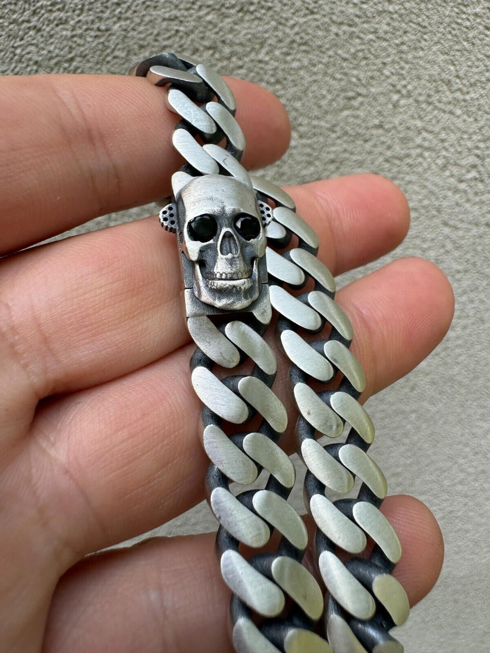 Miami Cuban Bracelet With Custom Skull Sleek Clasp - 925 Sterling Silver Oxidized Gunmetal - 7"-9" - 12mm