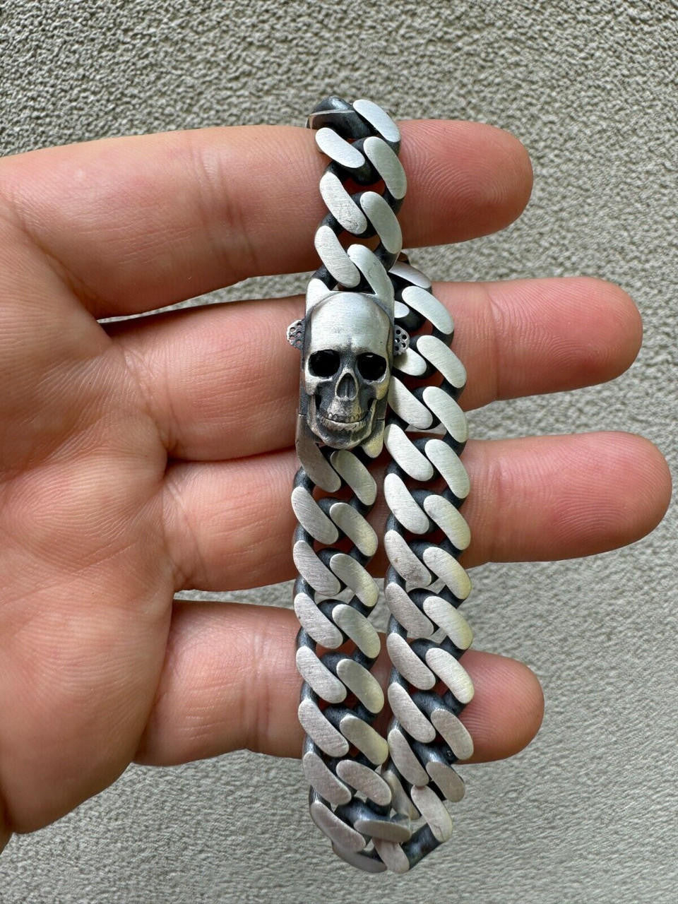 Miami Cuban Bracelet With Custom Skull Sleek Clasp - 925 Sterling Silver Oxidized Gunmetal - 7"-9" - 12mm
