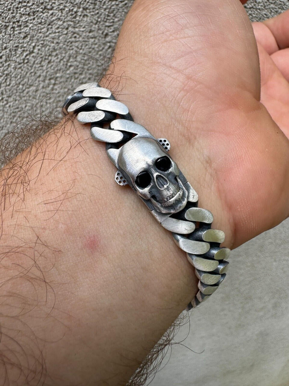Miami Cuban Bracelet With Custom Skull Sleek Clasp - 925 Sterling Silver Oxidized Gunmetal - 7"-9" - 12mm