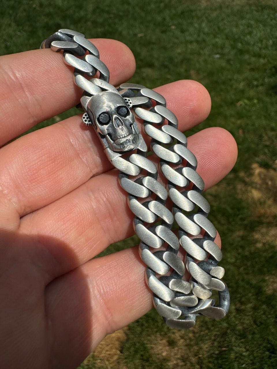 Miami Cuban Bracelet With Custom Skull Sleek Clasp - 925 Sterling Silver Oxidized Gunmetal - 7"-9" - 12mm