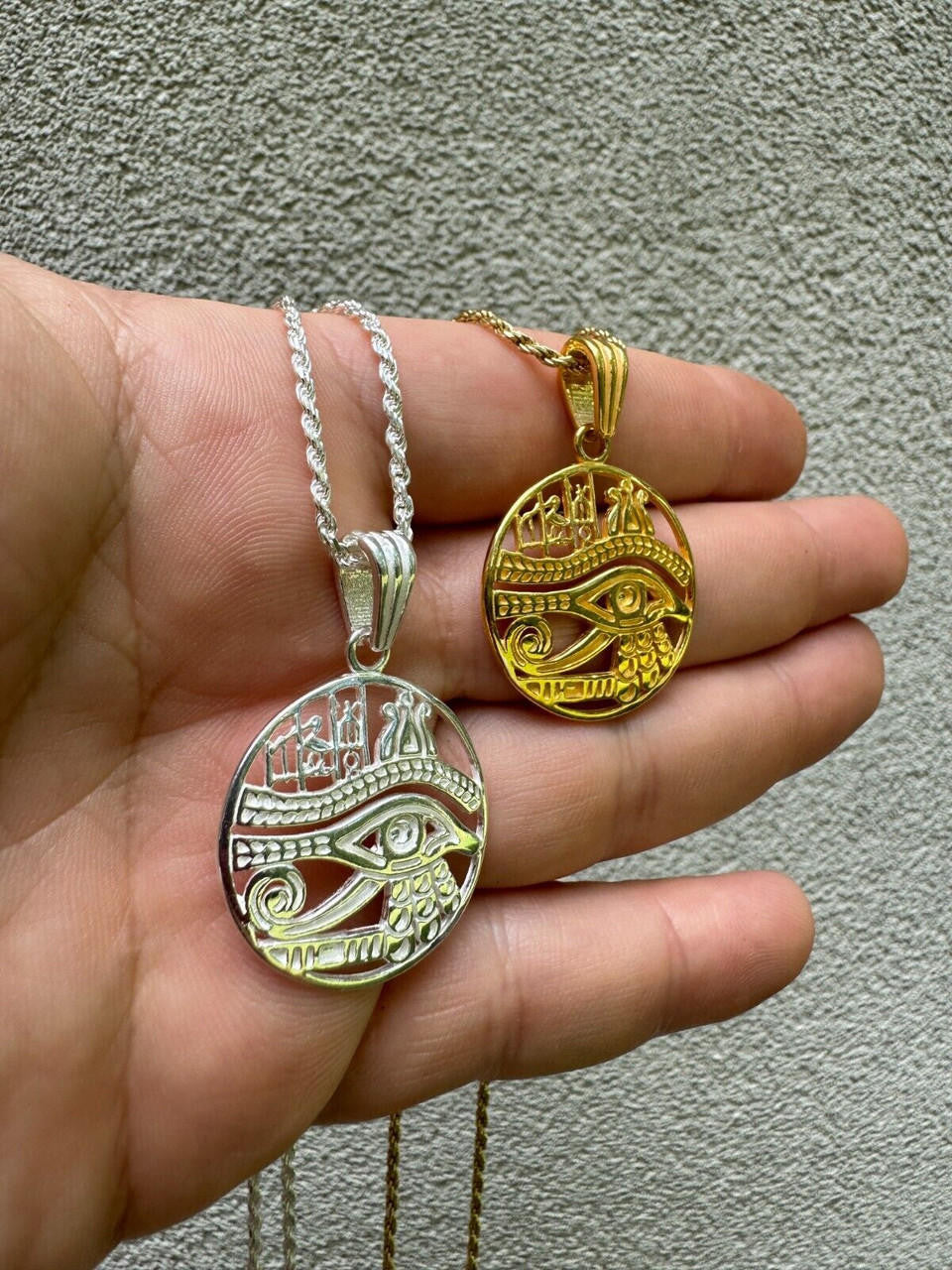 Eye Of Horus Egyptian Hieroglyphics Pendant - 14k Gold Vermeil Or 925 Silver - Small 1.5"