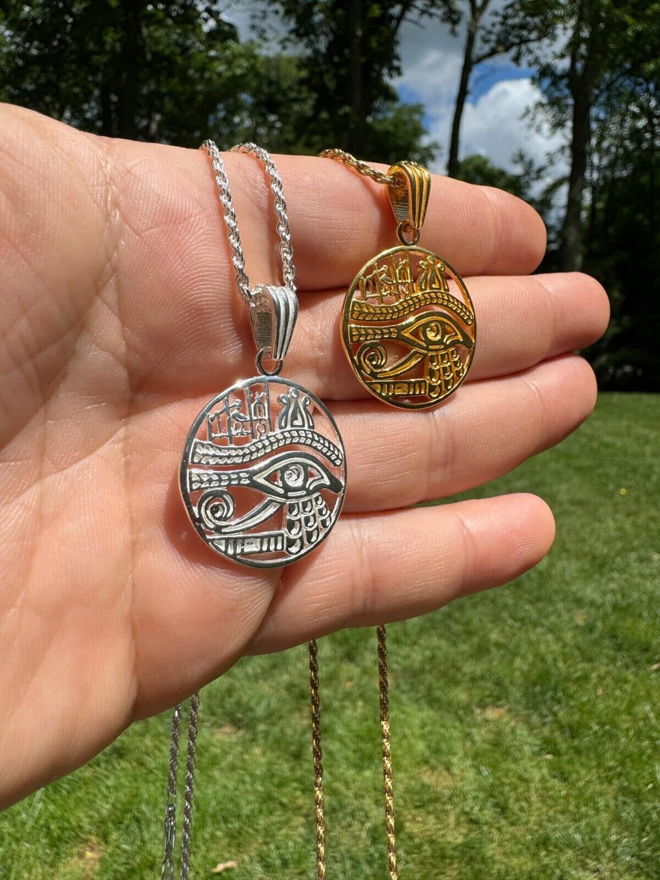 Eye Of Horus Egyptian Hieroglyphics Pendant - 14k Gold Vermeil Or 925 Silver - Small 1.5"