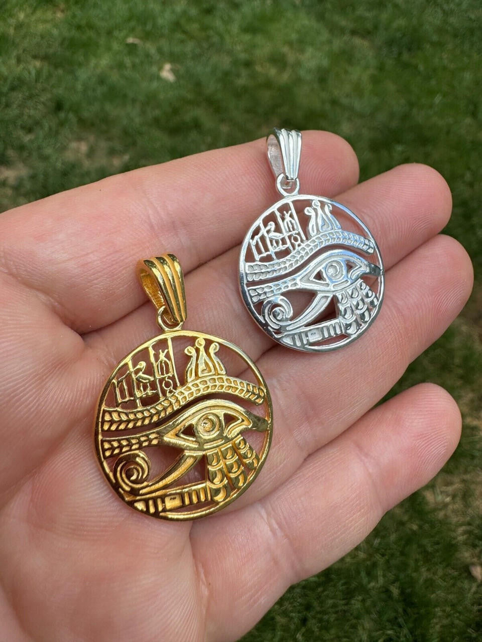 Eye Of Horus Egyptian Hieroglyphics Pendant - 14k Gold Vermeil Or 925 Silver - Small 1.5"