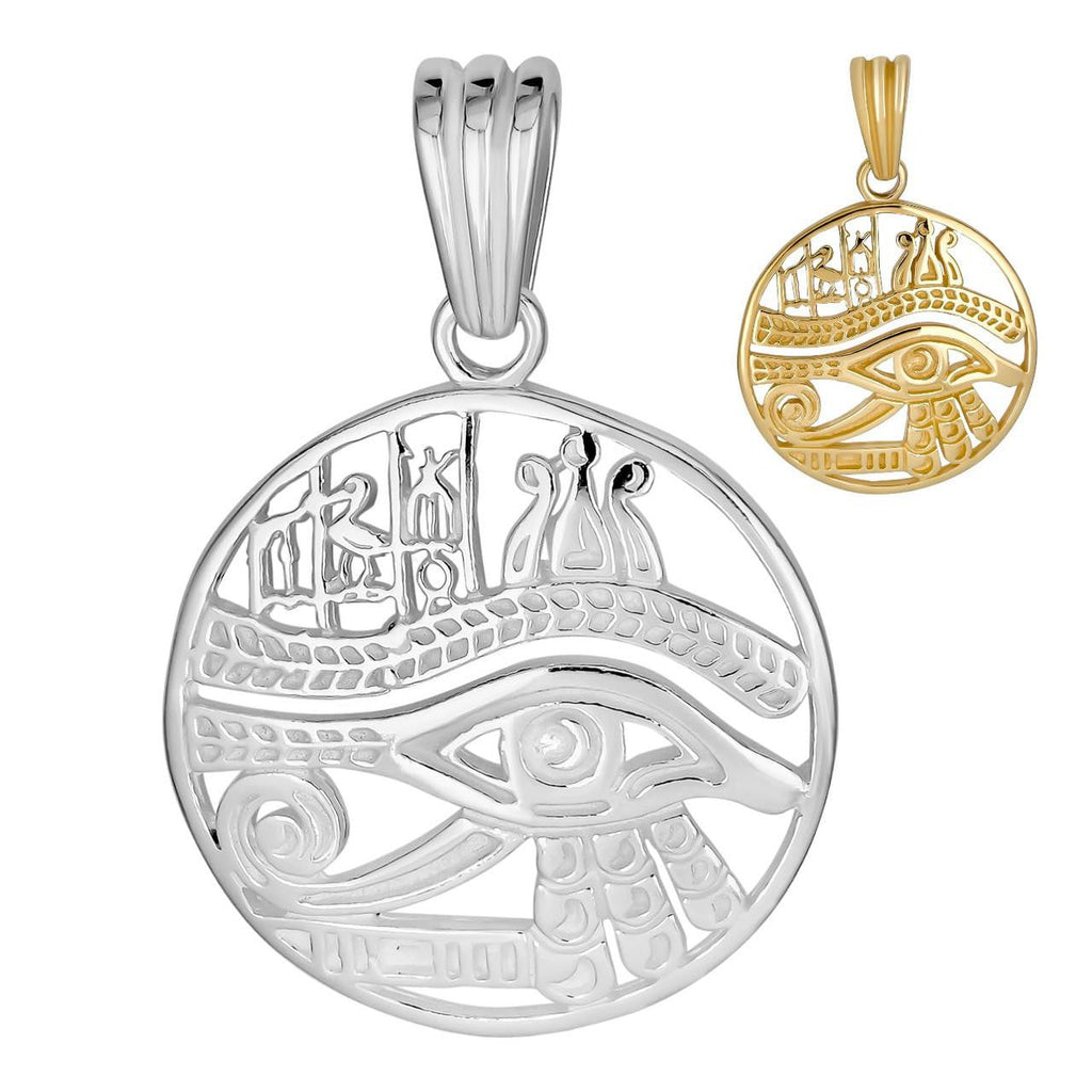 Eye Of Horus Egyptian Hieroglyphics Pendant - 14k Gold Vermeil Or 925 Silver - Small 1.5"