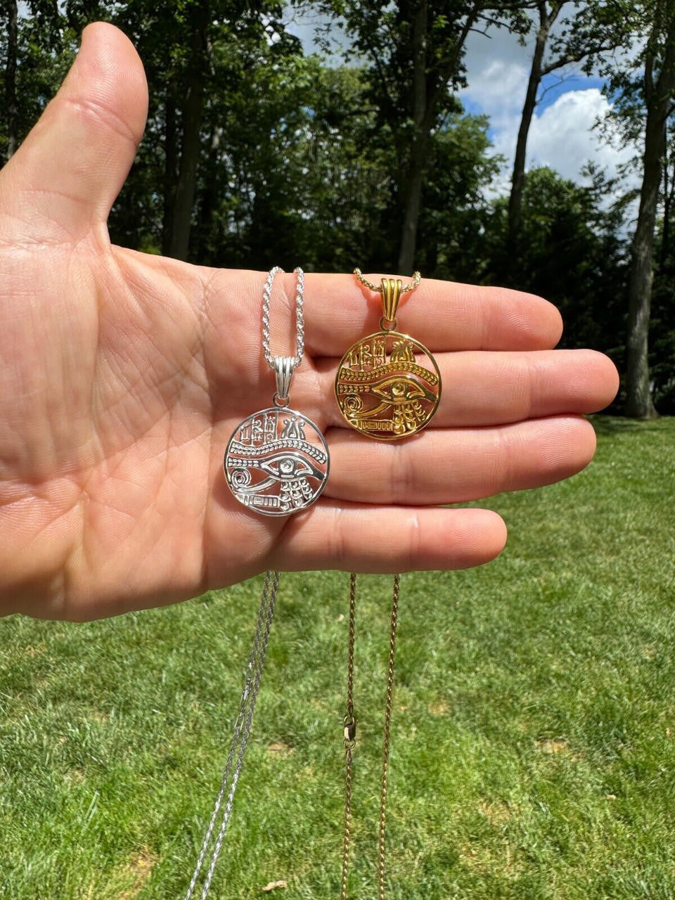 Eye Of Horus Egyptian Hieroglyphics Pendant - 14k Gold Vermeil Or 925 Silver - Small 1.5"