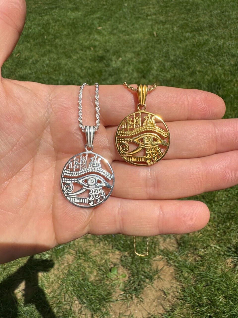 Eye Of Horus Egyptian Hieroglyphics Pendant - 14k Gold Vermeil Or 925 Silver - Small 1.5"