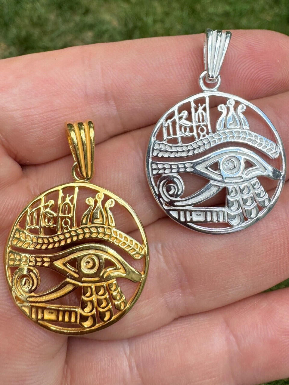 Eye Of Horus Egyptian Hieroglyphics Pendant - 14k Gold Vermeil Or 925 Silver - Small 1.5"