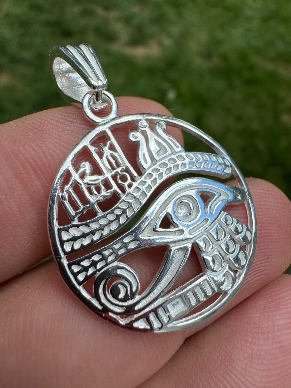 Eye Of Horus Egyptian Hieroglyphics Pendant - 14k Gold Vermeil Or 925 Silver - Small 1.5"