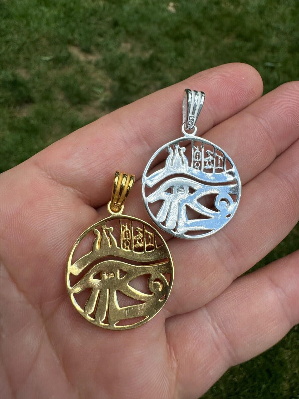 Eye Of Horus Egyptian Hieroglyphics Pendant - 14k Gold Vermeil Or 925 Silver - Small 1.5"