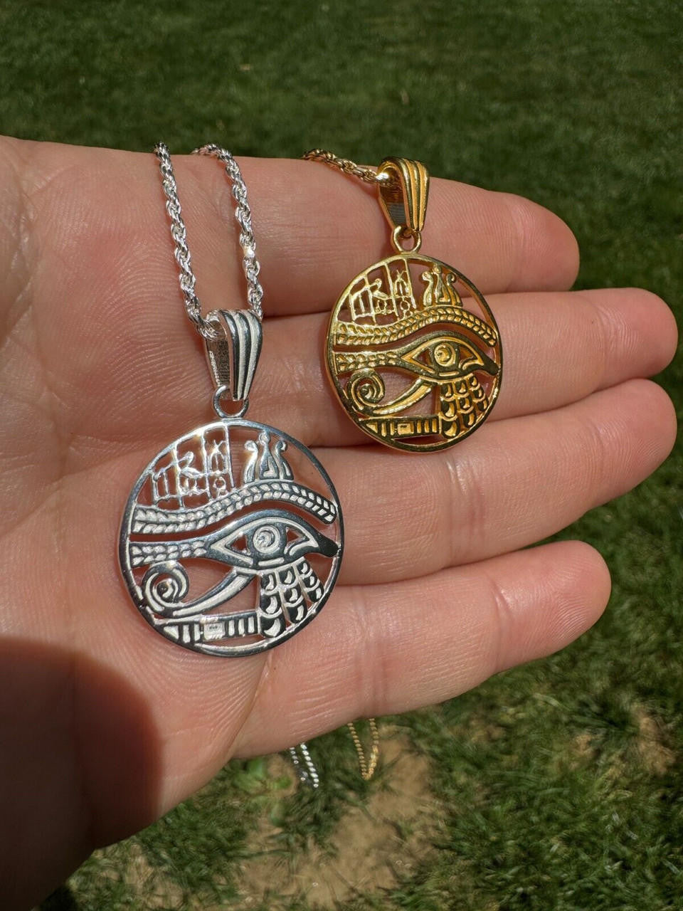 Eye Of Horus Egyptian Hieroglyphics Pendant - 14k Gold Vermeil Or 925 Silver - Small 1.5"