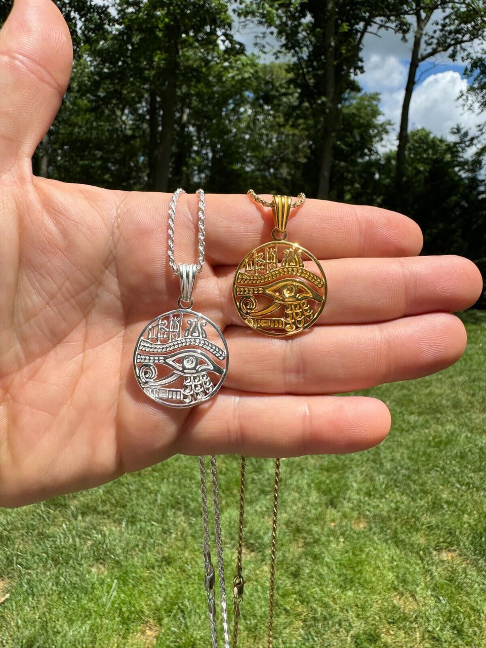 Eye Of Horus Egyptian Hieroglyphics Pendant - 14k Gold Vermeil Or 925 Silver - Small 1.5"