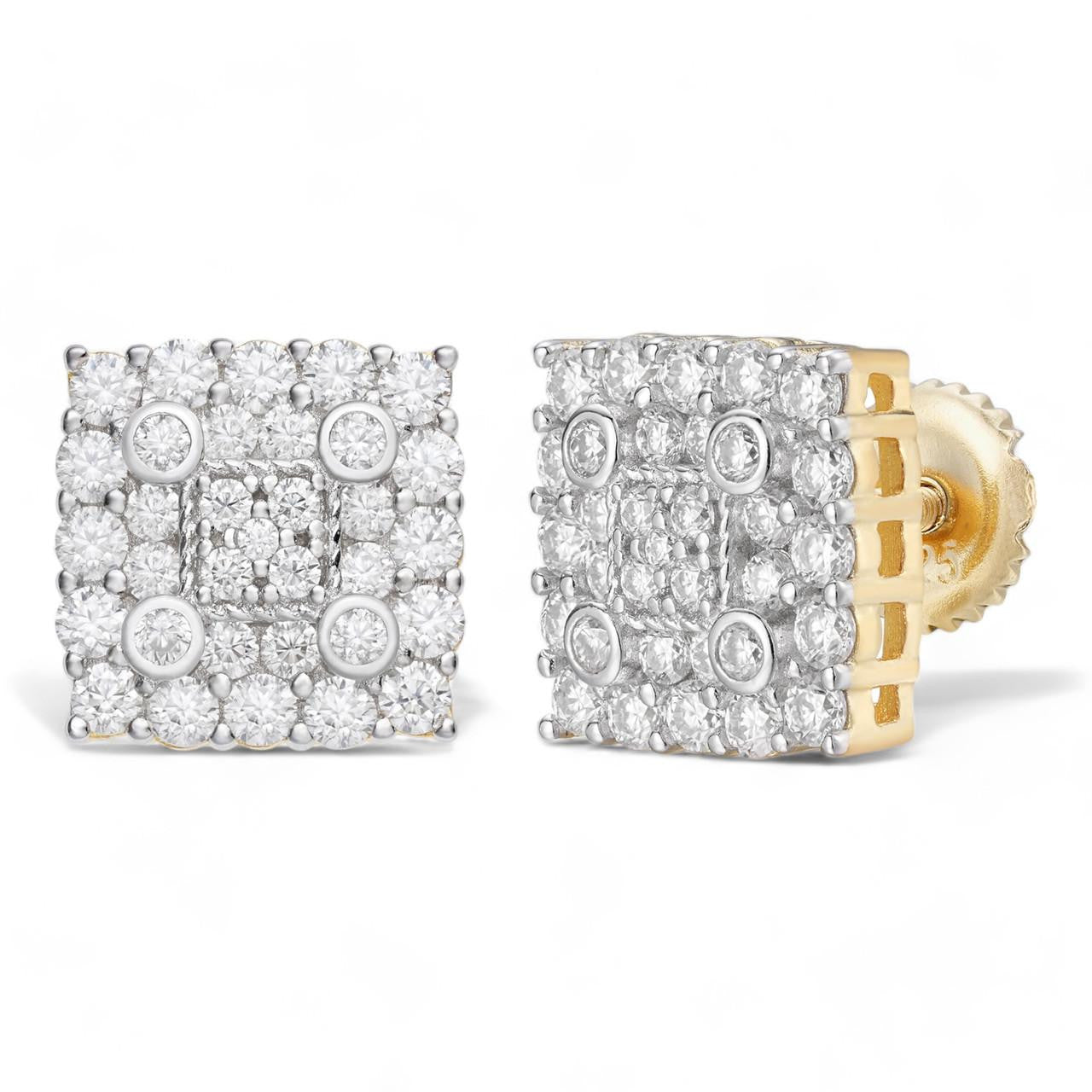 Four Corners Square Iced Out Earrings - 14k Gold Vermeil 925 Silver - CZ Stones - 10mm