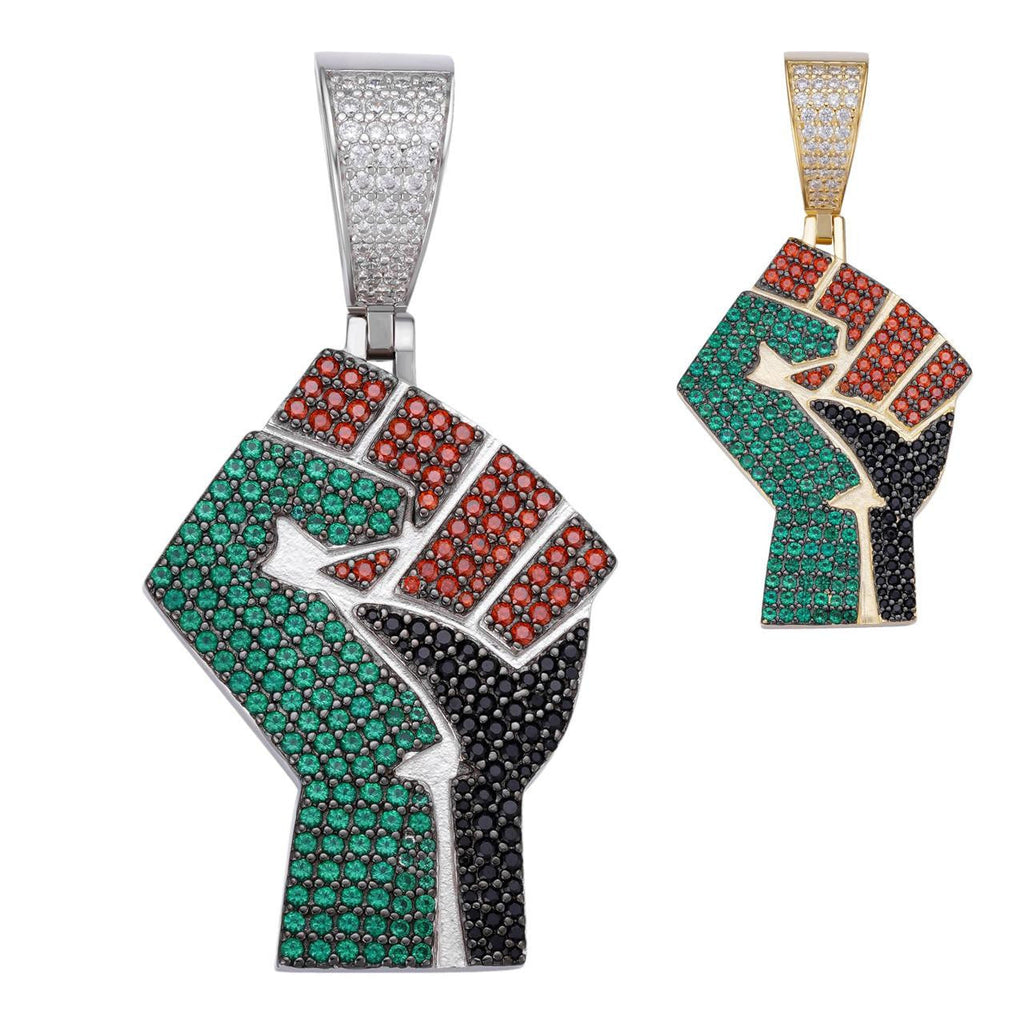 Free Palestine Fist Pendant - 14k Gold Vermeil Or 925 Silver - CZ Stones - Medium 2"