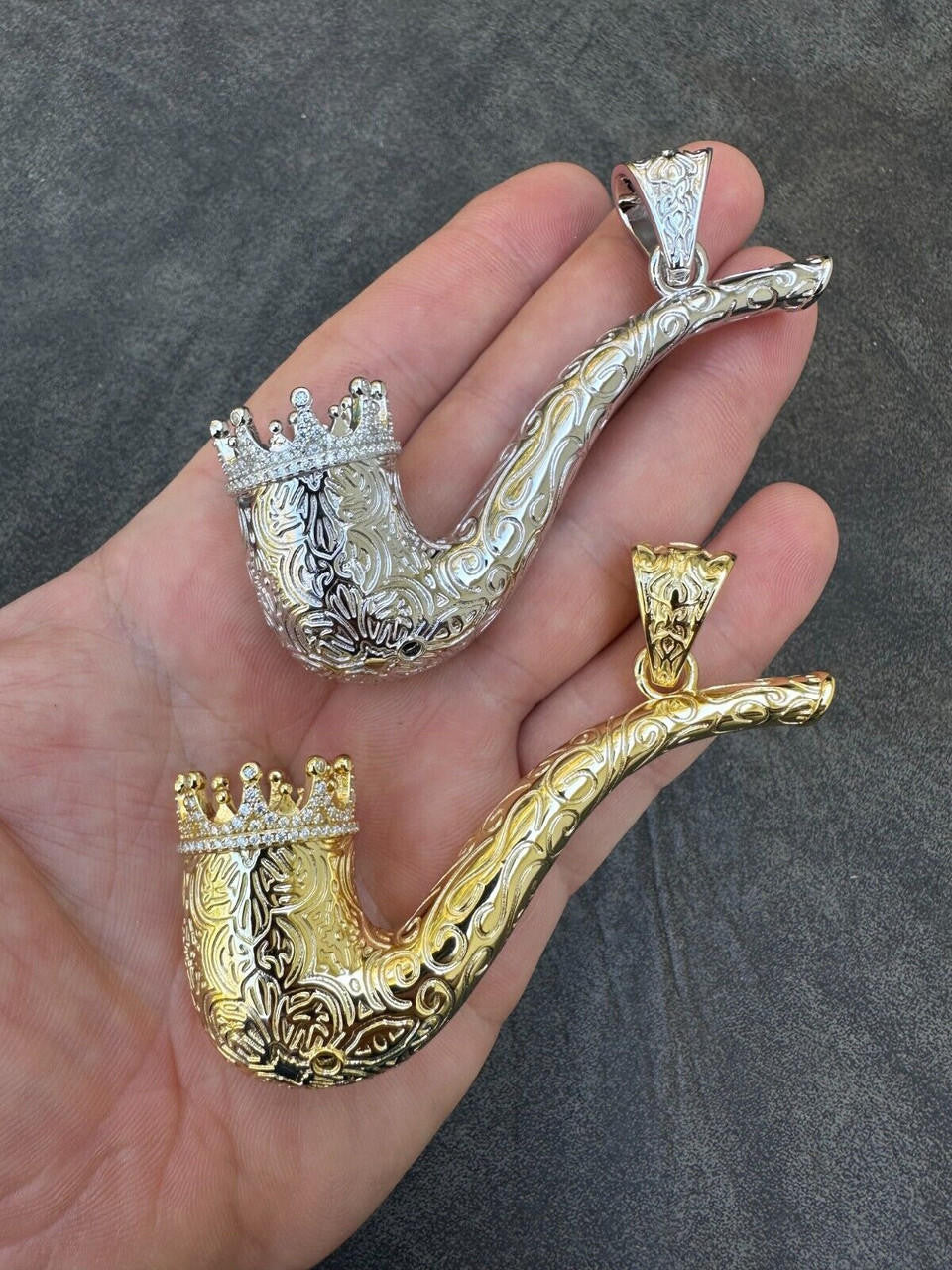 MOISSANITE Fully Functional Tobacco Or 420 Pipe Pendant - 14k Yellow Gold Vermeil Or 925 Silver - Large 3.5"