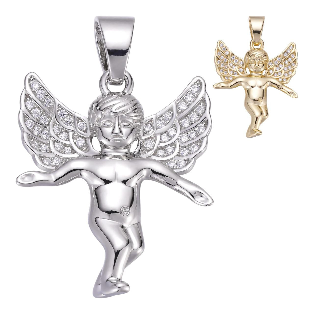 Guardian Micro Angel Hip Hop Pendant - 14k Gold Vermeil Or 925 Silver - CZ Stones - Small 1"