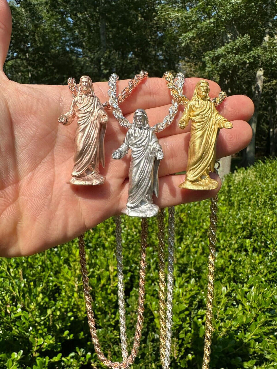 Heavy 3D Jesus Piece Real 925 Silver / 14k Yellow Rose Gold Pendant Necklace