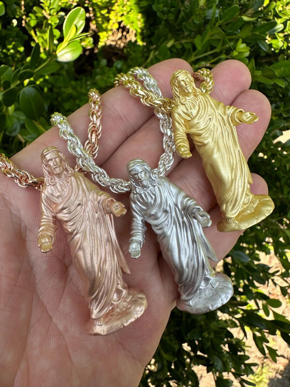 Heavy 3D Jesus Piece Real 925 Silver / 14k Yellow Rose Gold Pendant Necklace