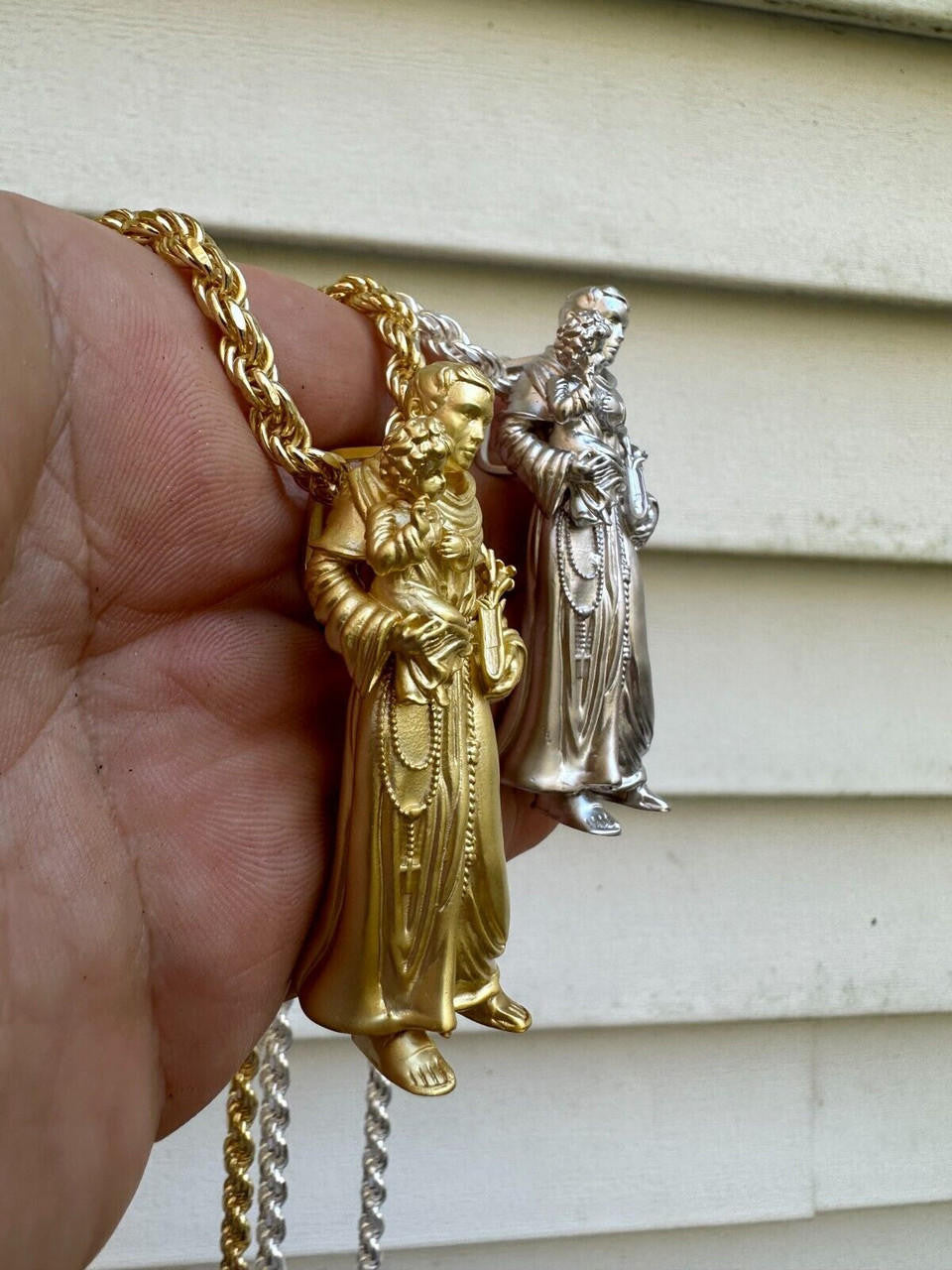 Heavy 3D St Joseph W Baby Jesus Pendant - Sandblasted Matte Finish 14k Gold Vermeil Or 925 Silver - Large 2.5"