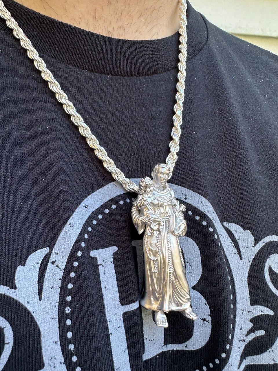 Heavy 3D St Joseph W Baby Jesus Pendant - Sandblasted Matte Finish 14k Gold Vermeil Or 925 Silver - Large 2.5"