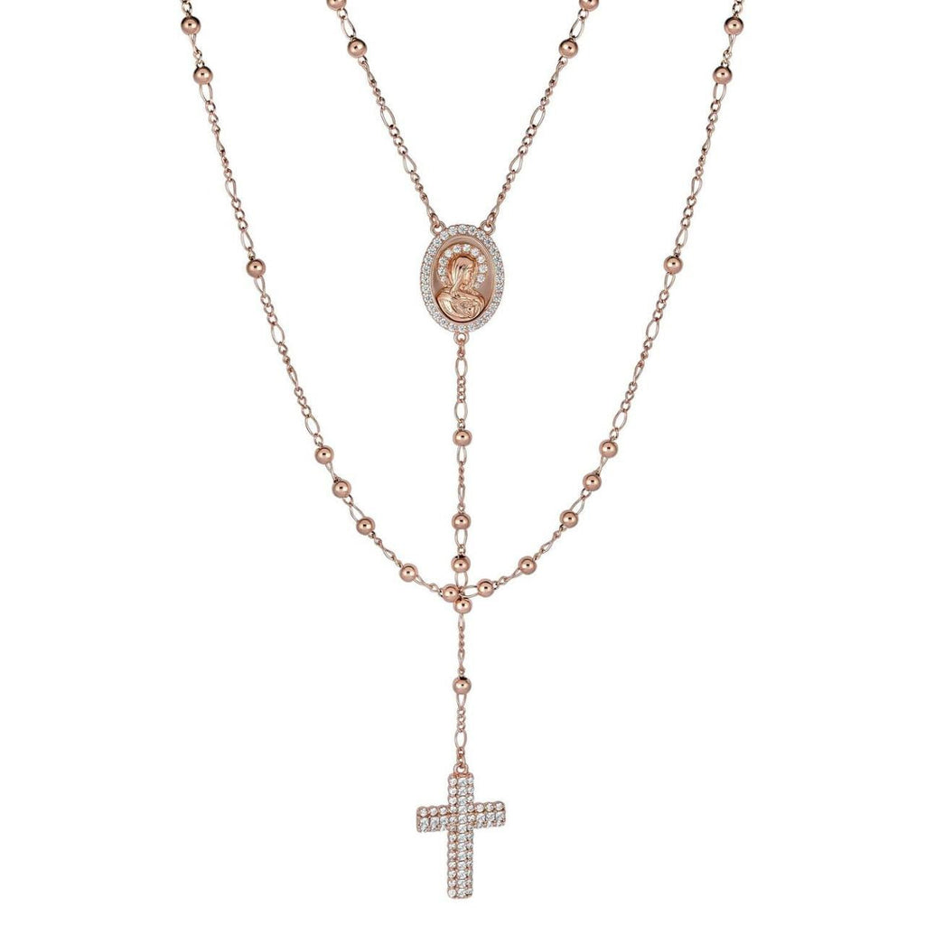 Holy Vatican Rosary Beads Necklace Iced Out CZ Stones - 14k Rose Gold Vermeil 925 Silver - 4mm - 30"