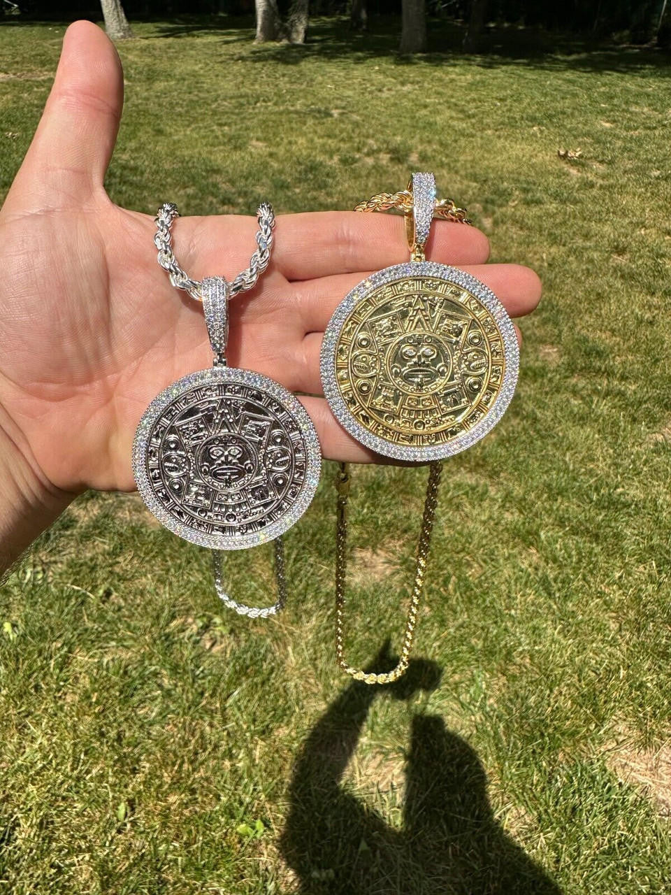 MOISSANITE Aztec Mayan Calendar Sun God Pendant - 14k Gold Vermeil Or 925 Silver - Large 2.5"