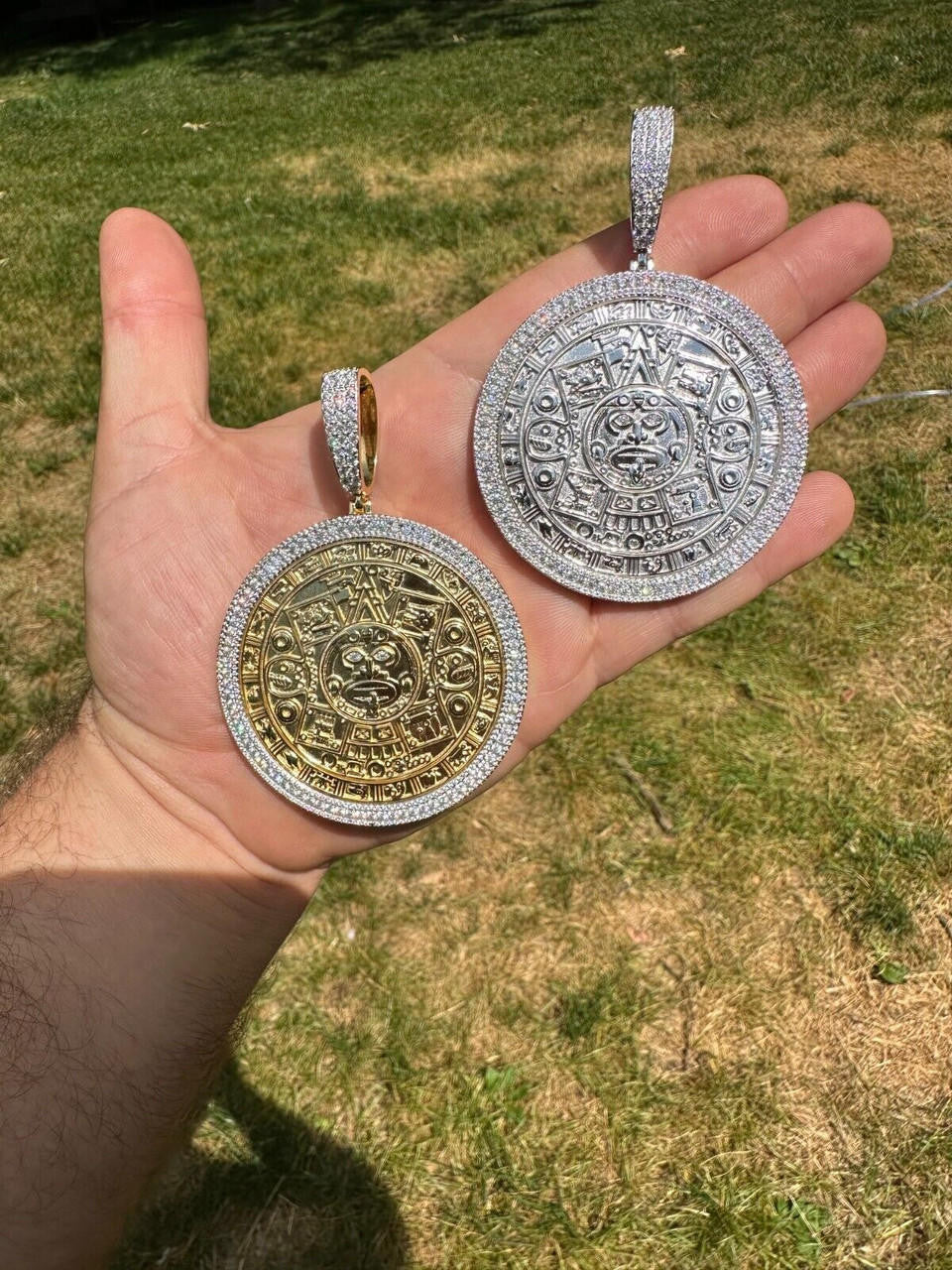 MOISSANITE Aztec Mayan Calendar Sun God Pendant - 14k Gold Vermeil Or 925 Silver - Large 2.5"