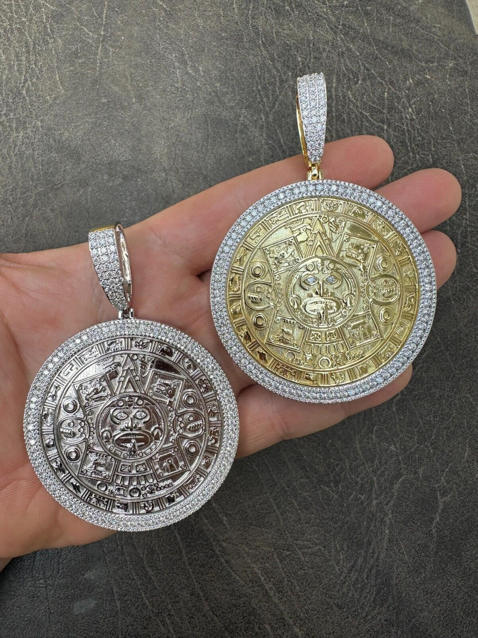 MOISSANITE Aztec Mayan Calendar Sun God Pendant - 14k Gold Vermeil Or 925 Silver - Large 2.5"