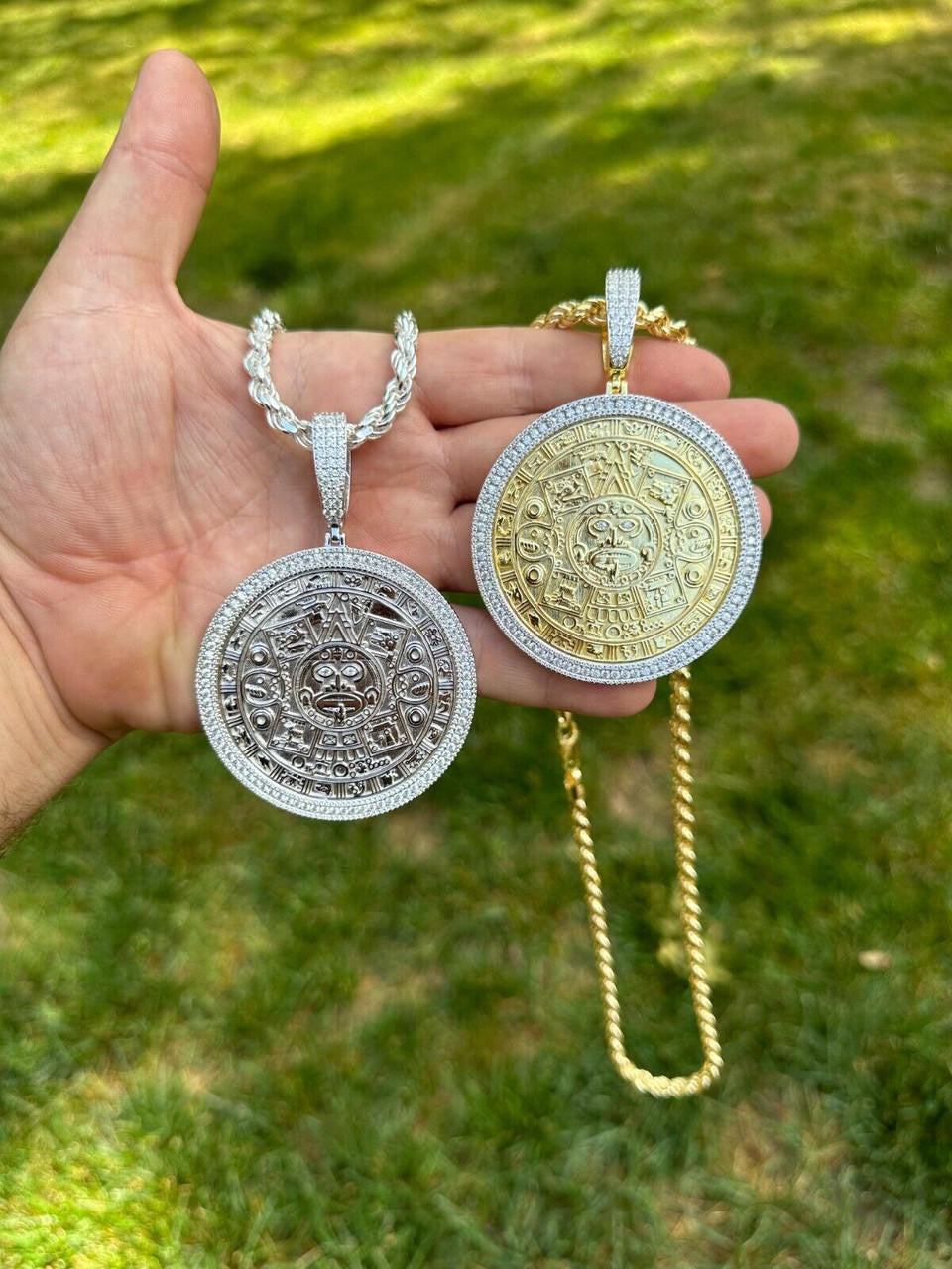 MOISSANITE Aztec Mayan Calendar Sun God Pendant - 14k Gold Vermeil Or 925 Silver - Large 2.5"