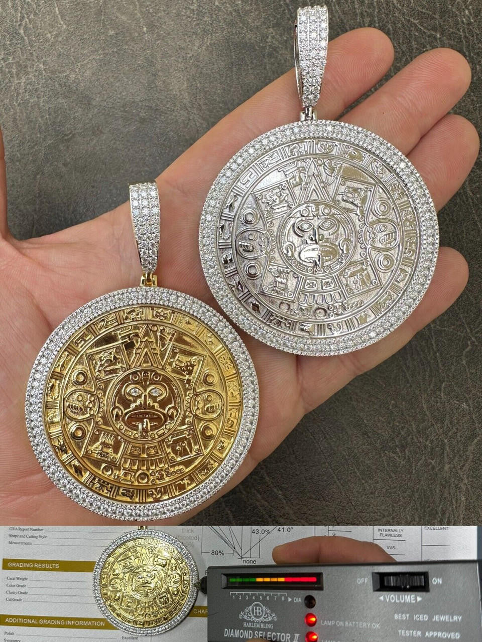 MOISSANITE Aztec Mayan Calendar Sun God Pendant - 14k Gold Vermeil Or 925 Silver - Large 2.5"