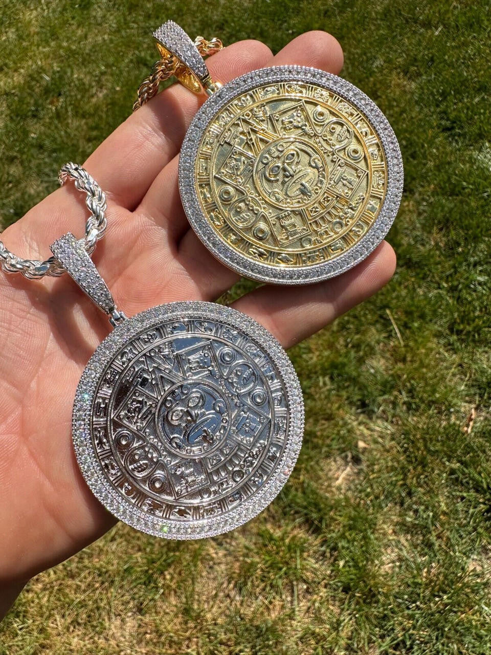 MOISSANITE Aztec Mayan Calendar Sun God Pendant - 14k Gold Vermeil Or 925 Silver - Large 2.5"