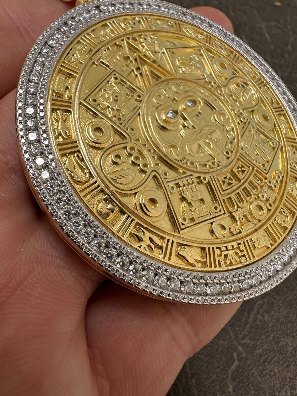 MOISSANITE Aztec Mayan Calendar Sun God Pendant - 14k Gold Vermeil Or 925 Silver - Large 2.5"