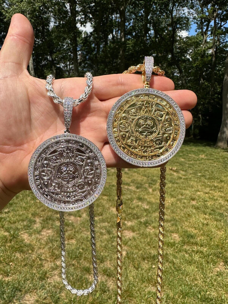 MOISSANITE Aztec Mayan Calendar Sun God Pendant - 14k Gold Vermeil Or 925 Silver - Large 2.5"