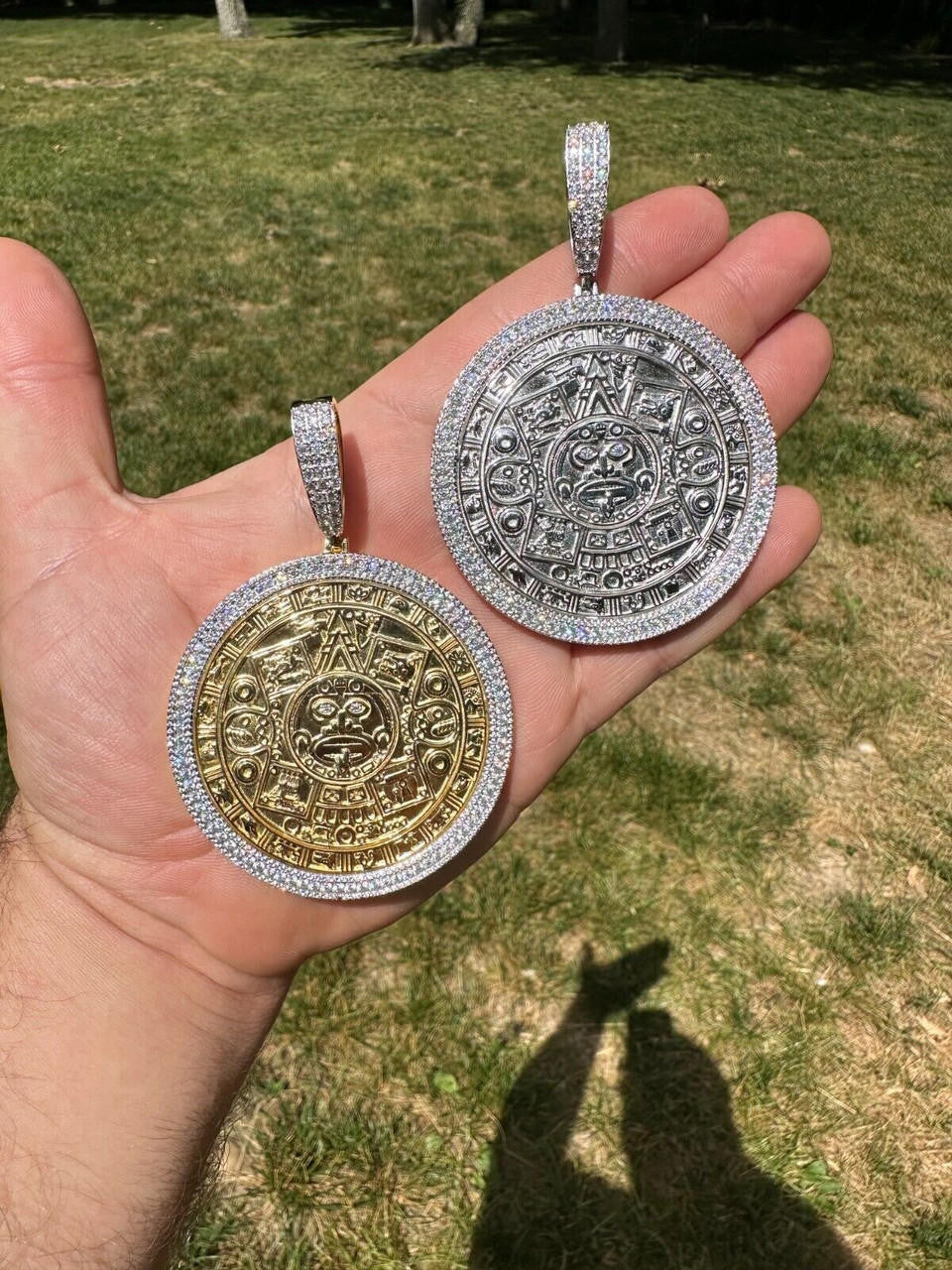 MOISSANITE Aztec Mayan Calendar Sun God Pendant - 14k Gold Vermeil Or 925 Silver - Large 2.5"