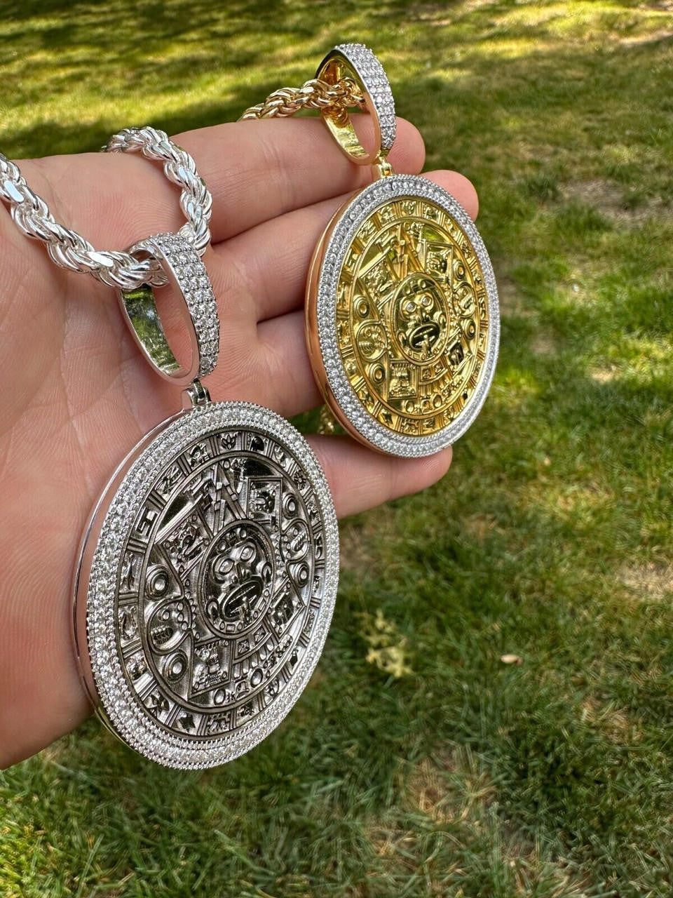 MOISSANITE Aztec Mayan Calendar Sun God Pendant - 14k Gold Vermeil Or 925 Silver - Large 2.5"