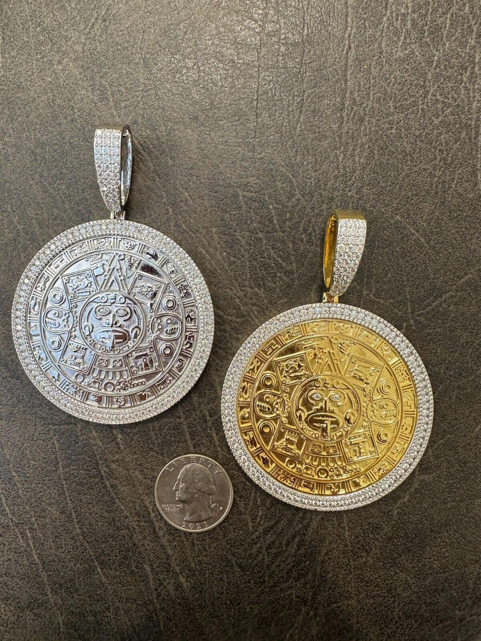 MOISSANITE Aztec Mayan Calendar Sun God Pendant - 14k Gold Vermeil Or 925 Silver - Large 2.5"