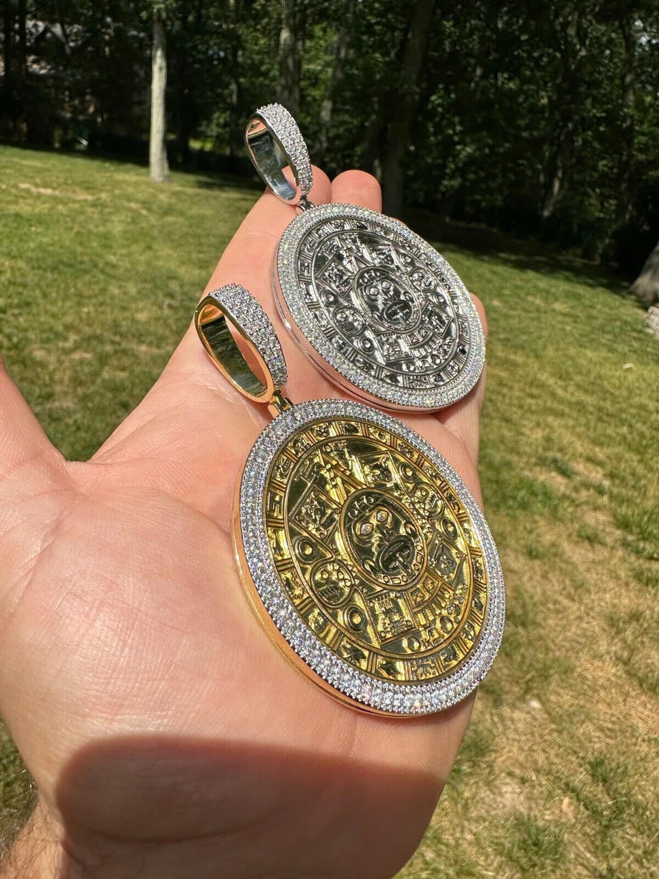 MOISSANITE Aztec Mayan Calendar Sun God Pendant - 14k Gold Vermeil Or 925 Silver - Large 2.5"