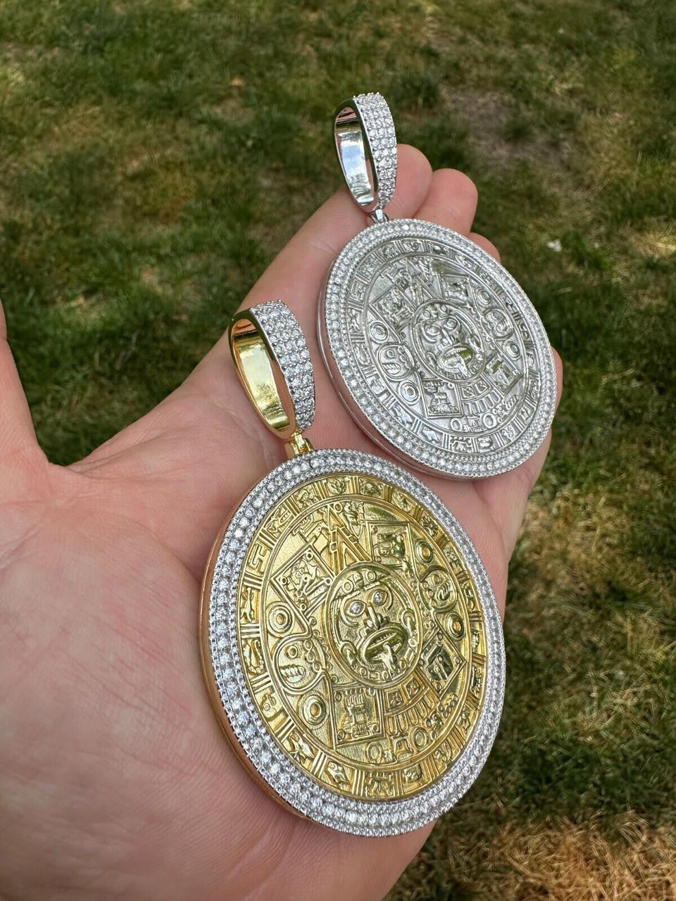 MOISSANITE Aztec Mayan Calendar Sun God Pendant - 14k Gold Vermeil Or 925 Silver - Large 2.5"