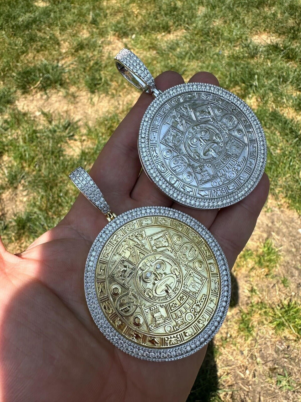 MOISSANITE Aztec Mayan Calendar Sun God Pendant - 14k Gold Vermeil Or 925 Silver - Large 2.5"