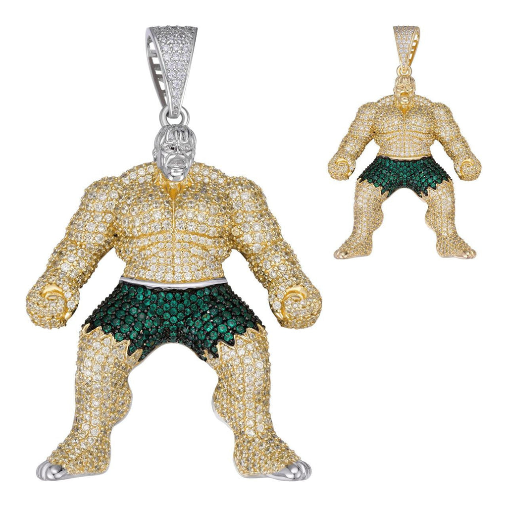 Hulk SMASH Superhero Icy Pendant - 14k Gold Vermeil Or 925 Silver - CZ Stones - Medium 2"
