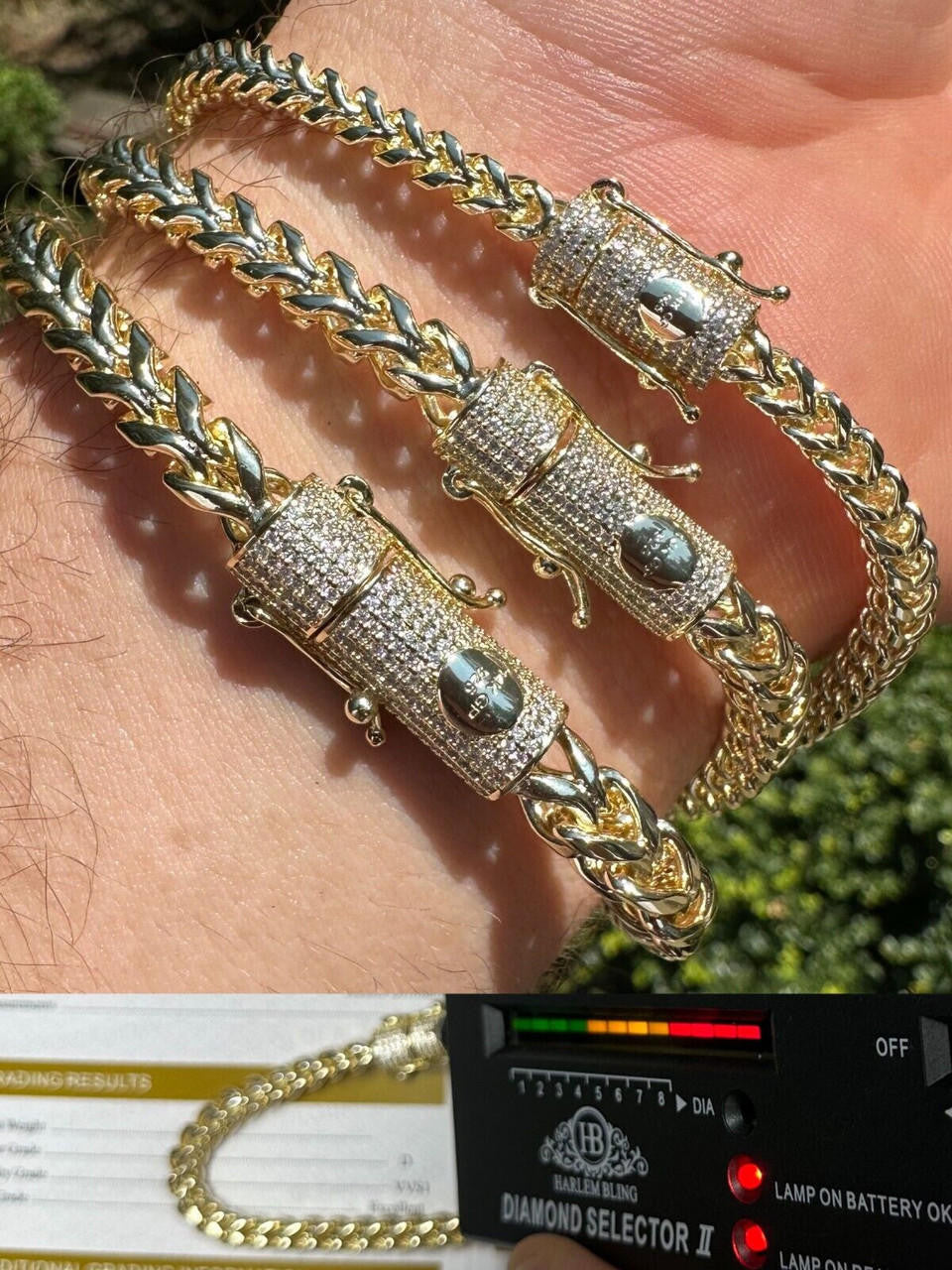 MOISSANITE CLASP Franco Bracelet - 14k Gold Plated Stainless Steel - 7.5"-8.5" - 4mm-6mm
